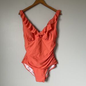 DKNY Swimsuit One Piece Coral Orange Pink Ruffles Women's Size 14